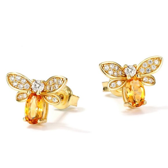 NEW 18K Gold Citrine Diamond Bee Stud Earrings - Picture 7 of 7